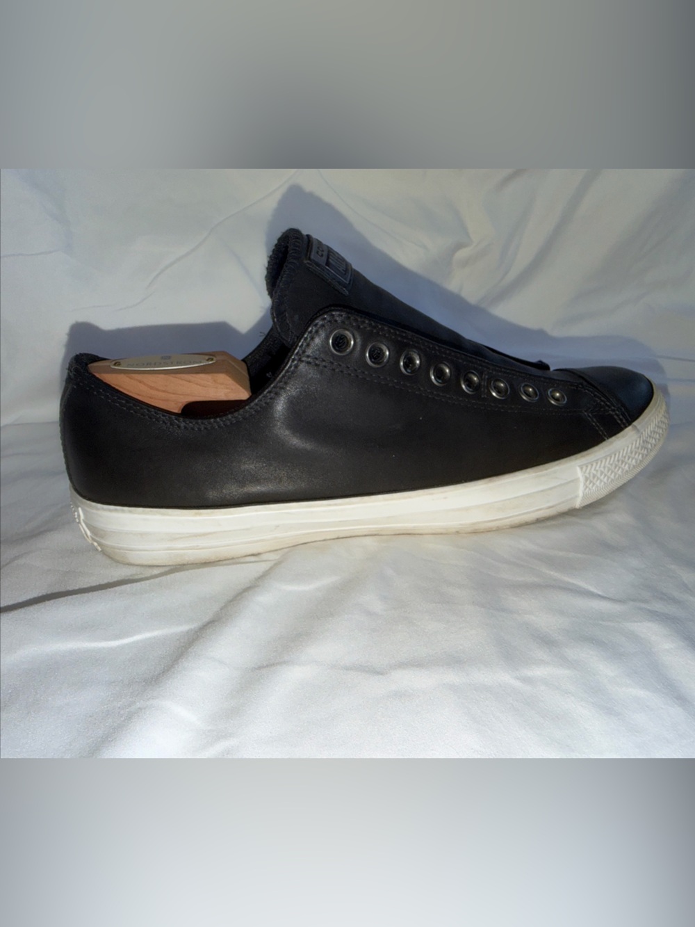 Converse Black Leather Slip-On Low Top Sneakers with White Sole - Picture 4 of 12